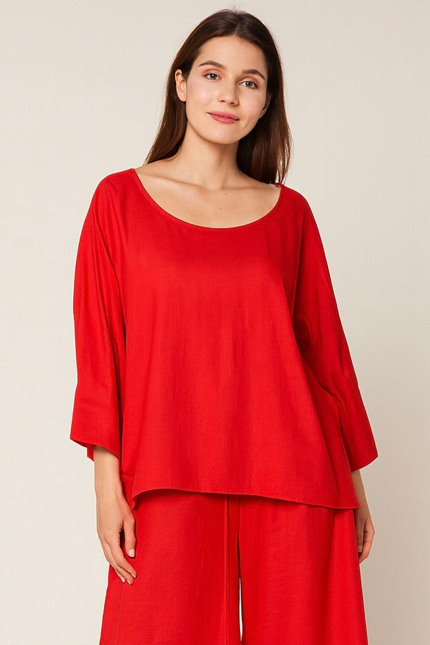 Blusas Para Mujer Bluson Manga 3/4 Tipo Lino N51147 Rojo