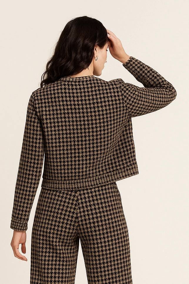 Chamarras Para Mujer Bomber Estampado Pata de Gallo Q53103 Moka