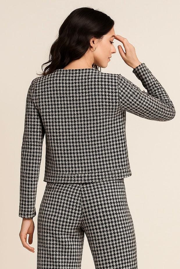 Chamarras Para Mujer Bomber Estampado Pata de Gallo Q53103 Blanco