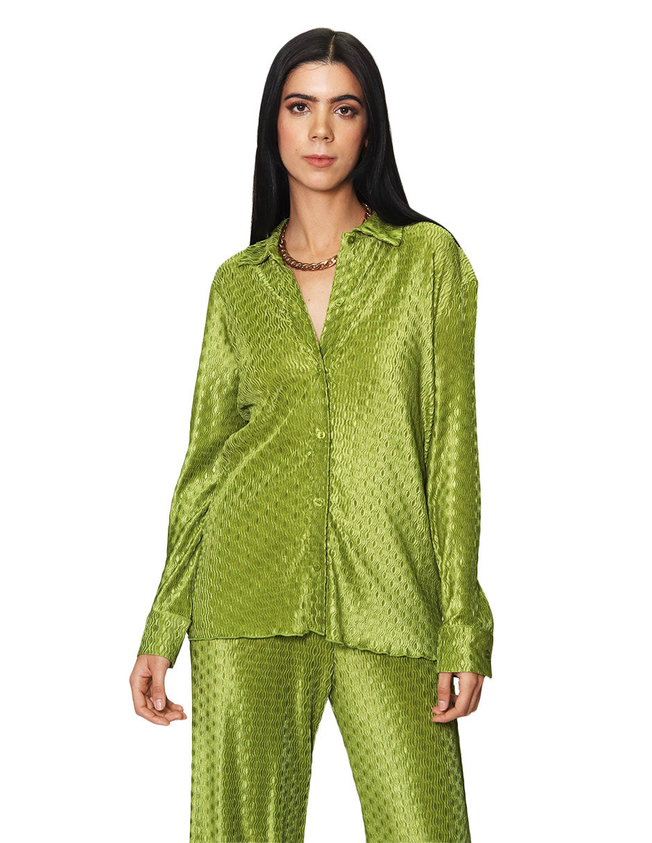 Blusas Para Mujer Camisera Corrugada De Manga Larga N41100 Verde