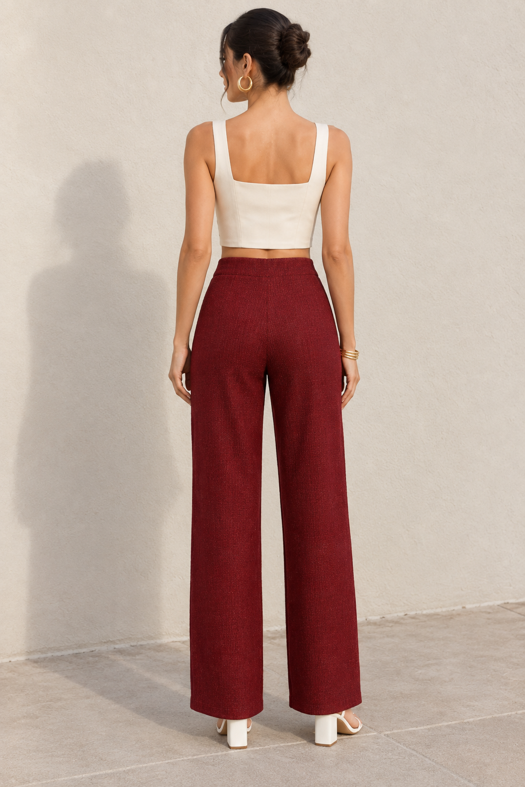Pantalones Para Mujer De Tejido Texturizado Corte Recto Y Cintura Alta W63120 Vino
