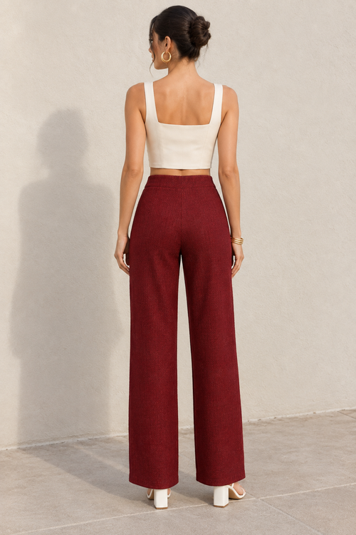 Pantalones Para Mujer De Tejido Texturizado Corte Recto Y Cintura Alta W63120 Vino