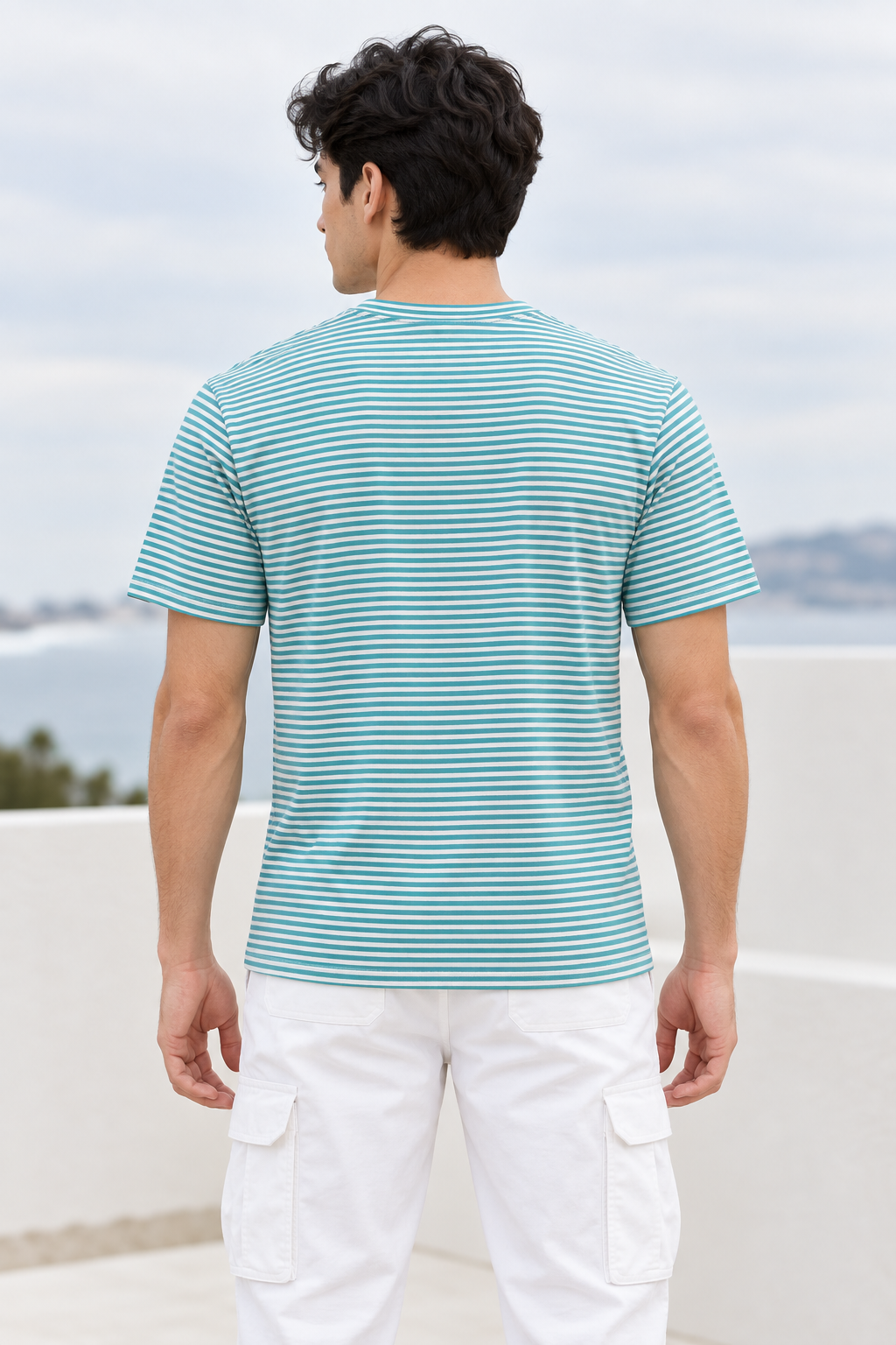 Playeras Para Hombre De Manga Corta Con Estampado De Micro Rayas A41111 Aqua