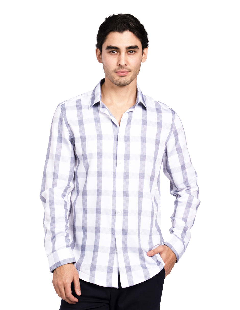Camisas Para Hombre Manga Larga Bambú Cuadros B51335 Blanco
