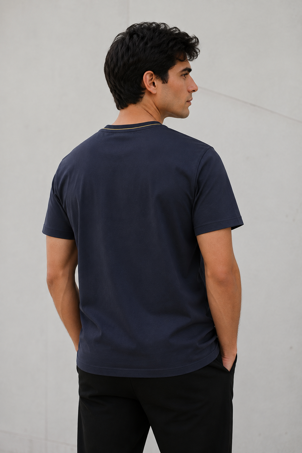 Playeras Para Hombre Básica De Cuello Redondo Con Rib Y Detalle Contrastante A65403 Marino