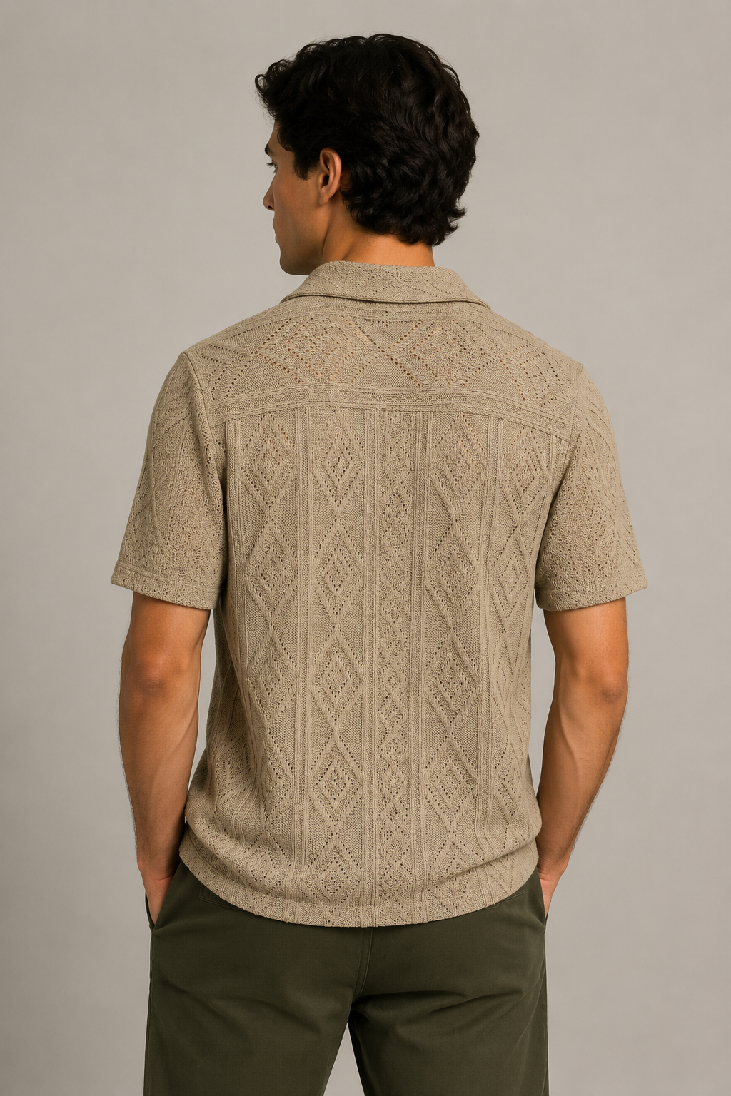 Camisas Para Hombre Manga Corta Tejida Diseño Rombos B65455 Kaki