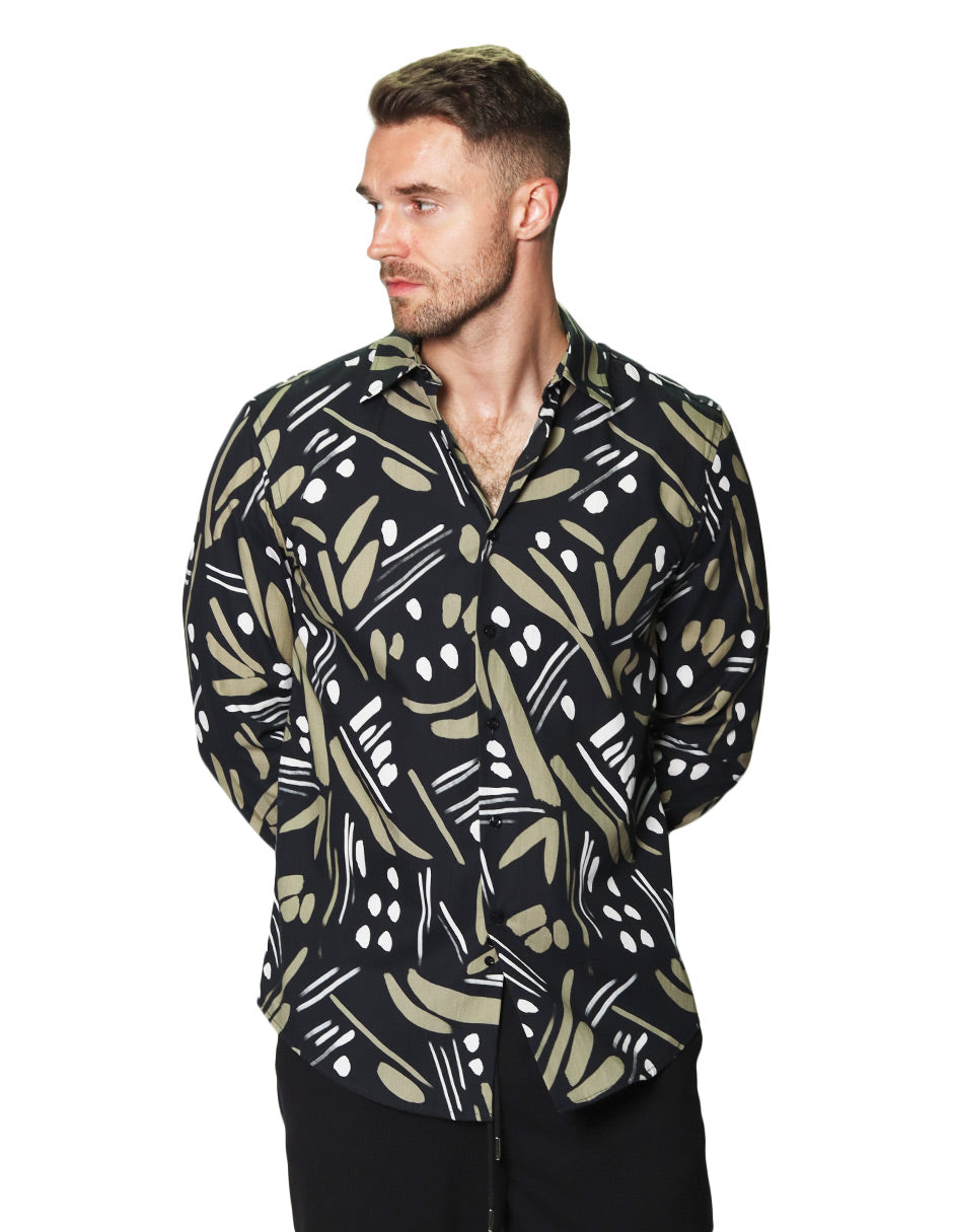 Camisas Para Hombre Manga Larga Estampado Abstracto B45527 Negro