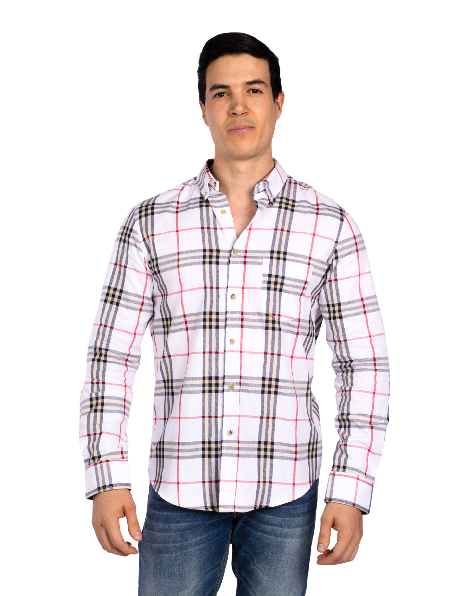 Camisas Para Hombre Manga Larga Cuadros Oxford B51129 Blanco