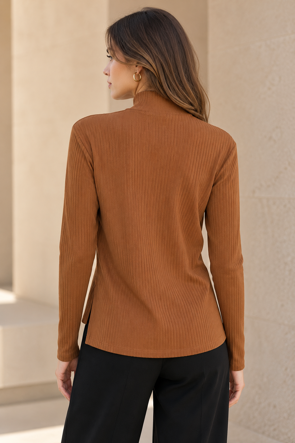 Blusas Para Mujer Acanalada Cuello Alto N43146 Ocre