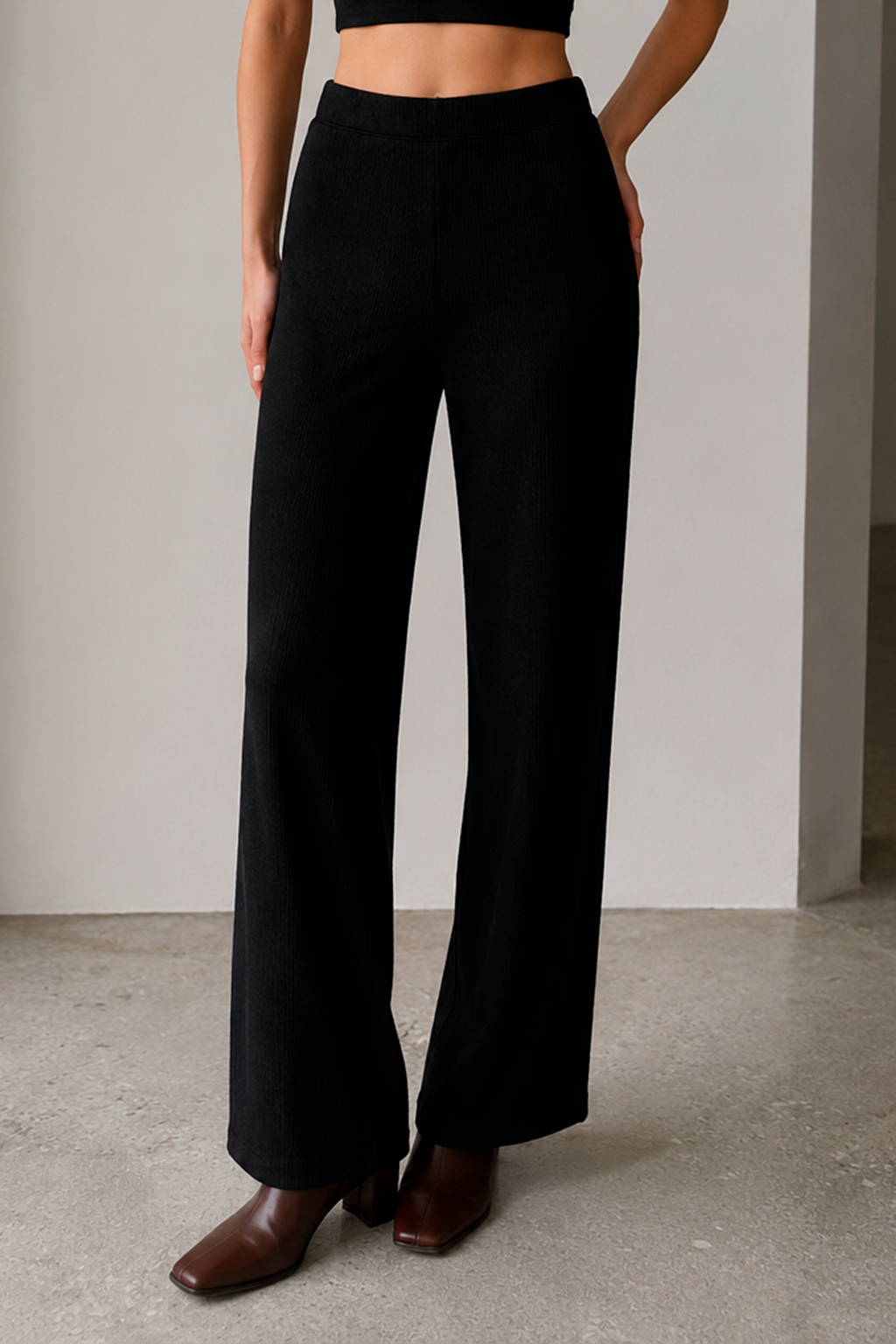 Pantalones Para Mujer De Tejido Texturizado Corte Recto Y Cintura Alta W63120 Negro