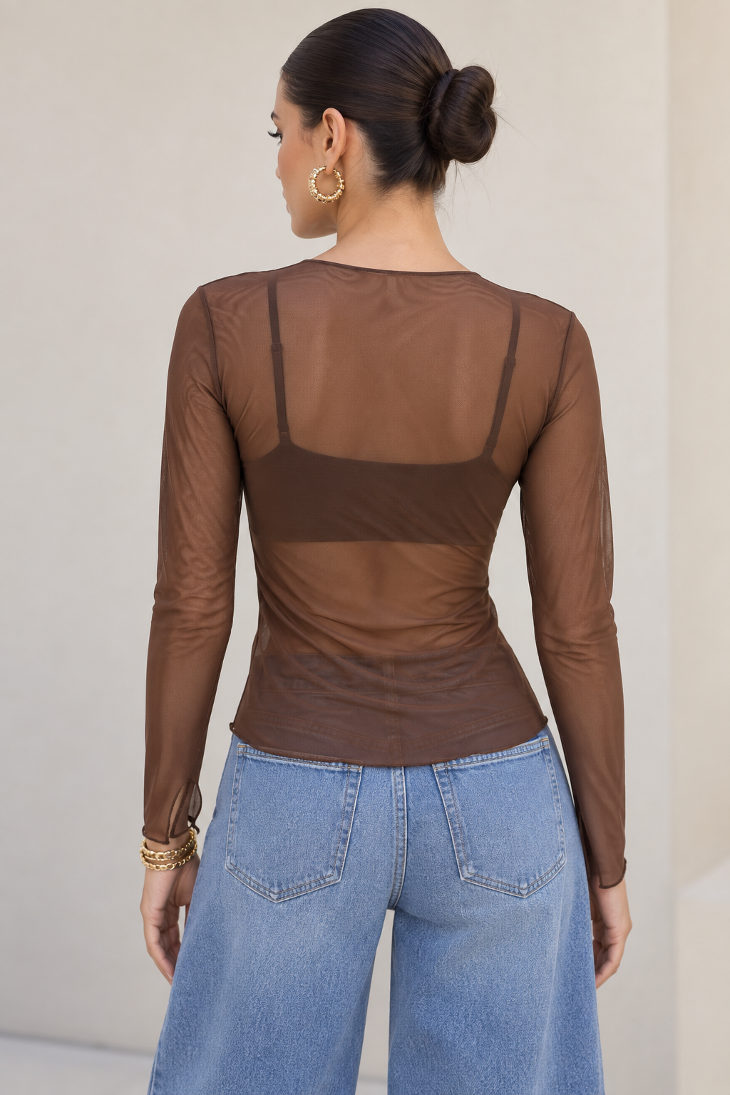 Blusas Para Mujer De Mesh Transparente Manga Larga N63117 Café