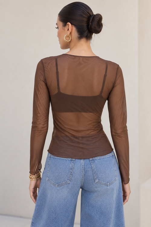 Blusas Para Mujer De Mesh Transparente Manga Larga N63117 Café