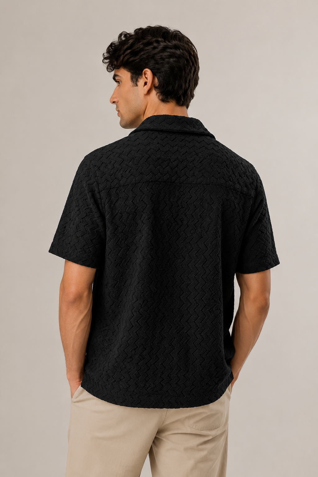 Camisas Para Hombre Manga Corta Crochet Textura Zizag B65456 Negro