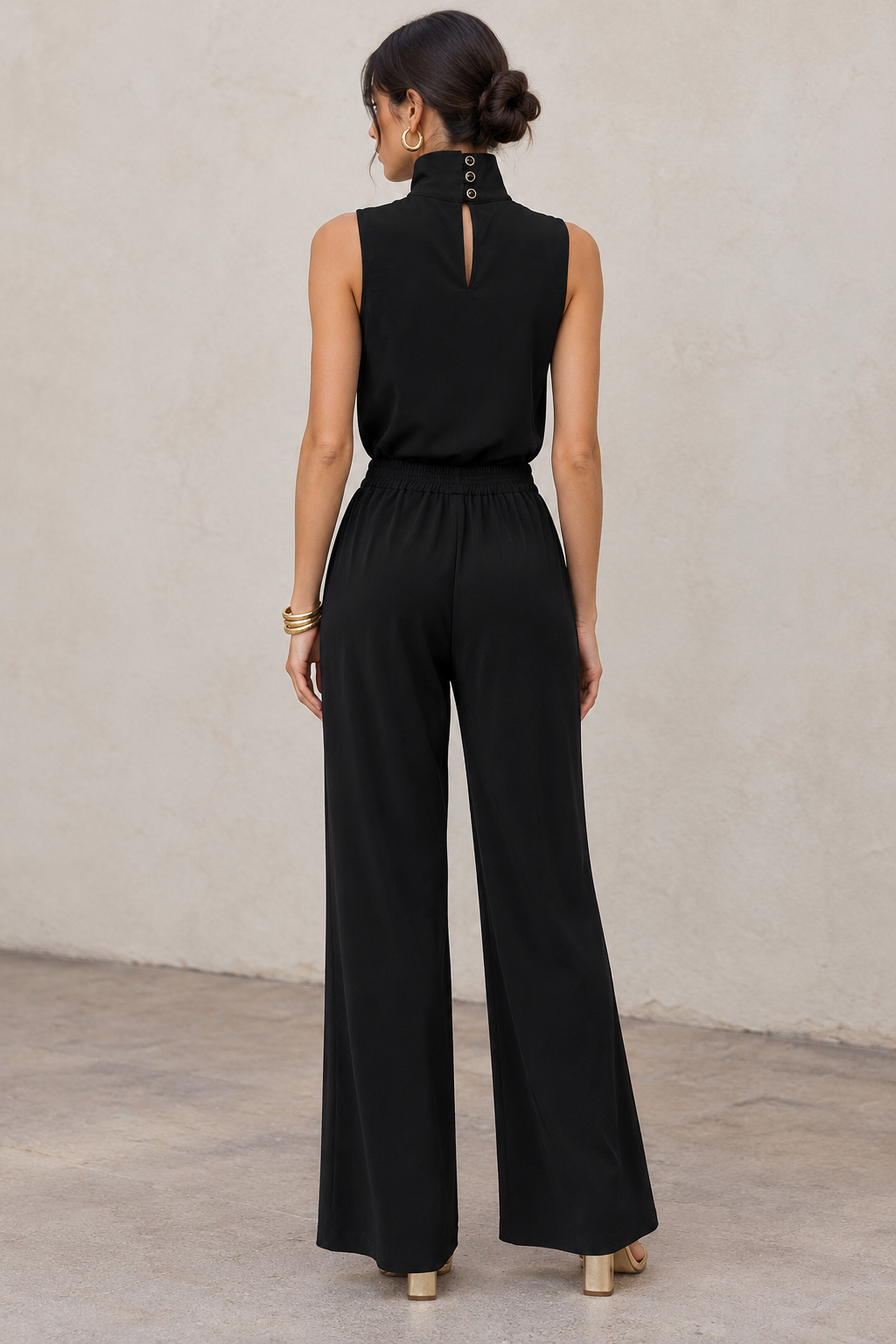 Pantalones Para Mujer De Pierna Ancha Con Cintura Elástica W63113 Negro