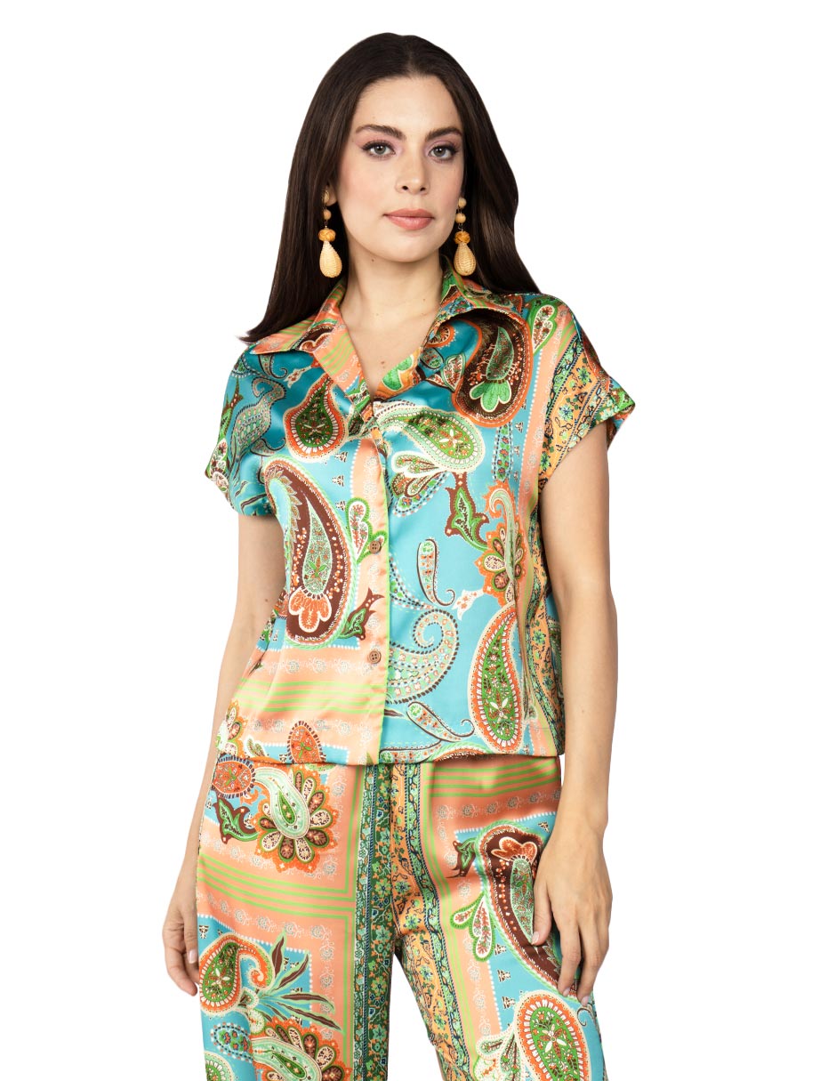 Blusas Para Mujer Camisera Paisley Satinada N51116 Turquesa