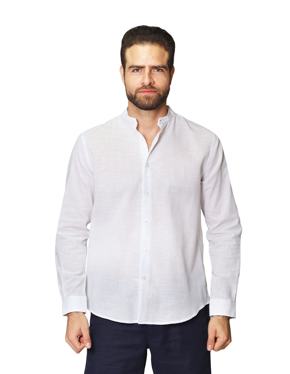 Camisas Para Hombre Tipo Lino De Manga Larga Cuello Mao Regular Fit BLINLO Blanco