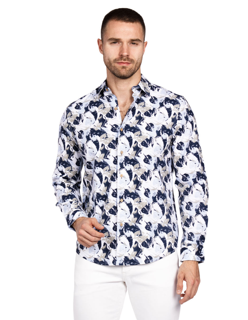 Camisas Para Hombre Estampada Tipo Lino B51328 Marino
