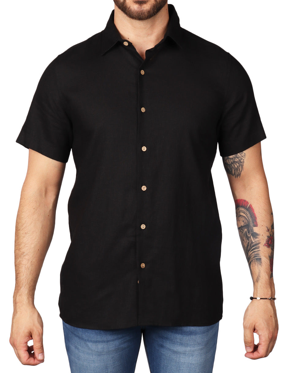 Camisas Para Hombre Estilo Lino Liso B51372 Negro