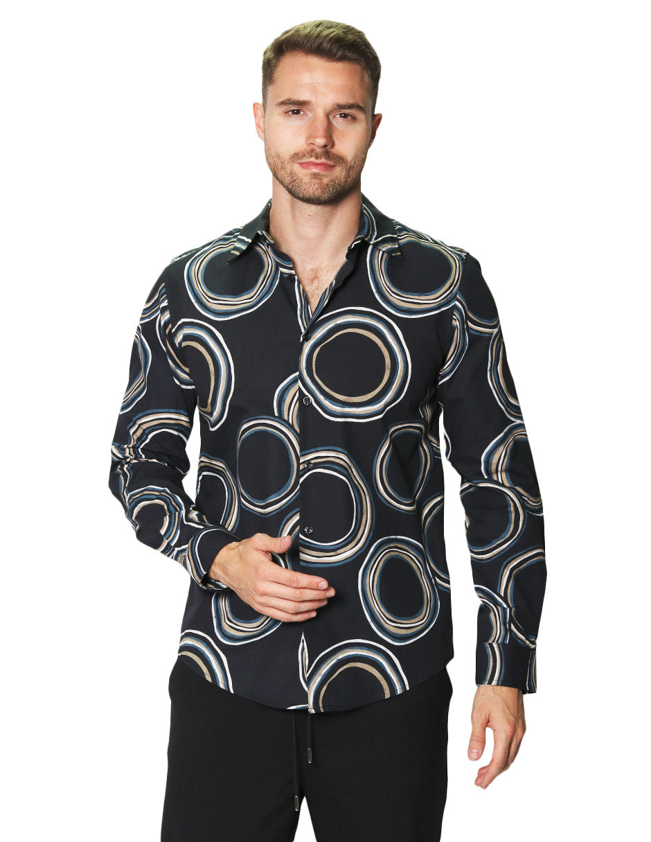 Camisas Para Hombre Manga Larga Estampado De Circulos B45526 Negro