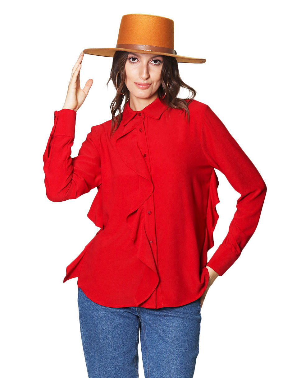 Blusas Para Mujer Camisera Satinada Con Olanes N43122 Rojo