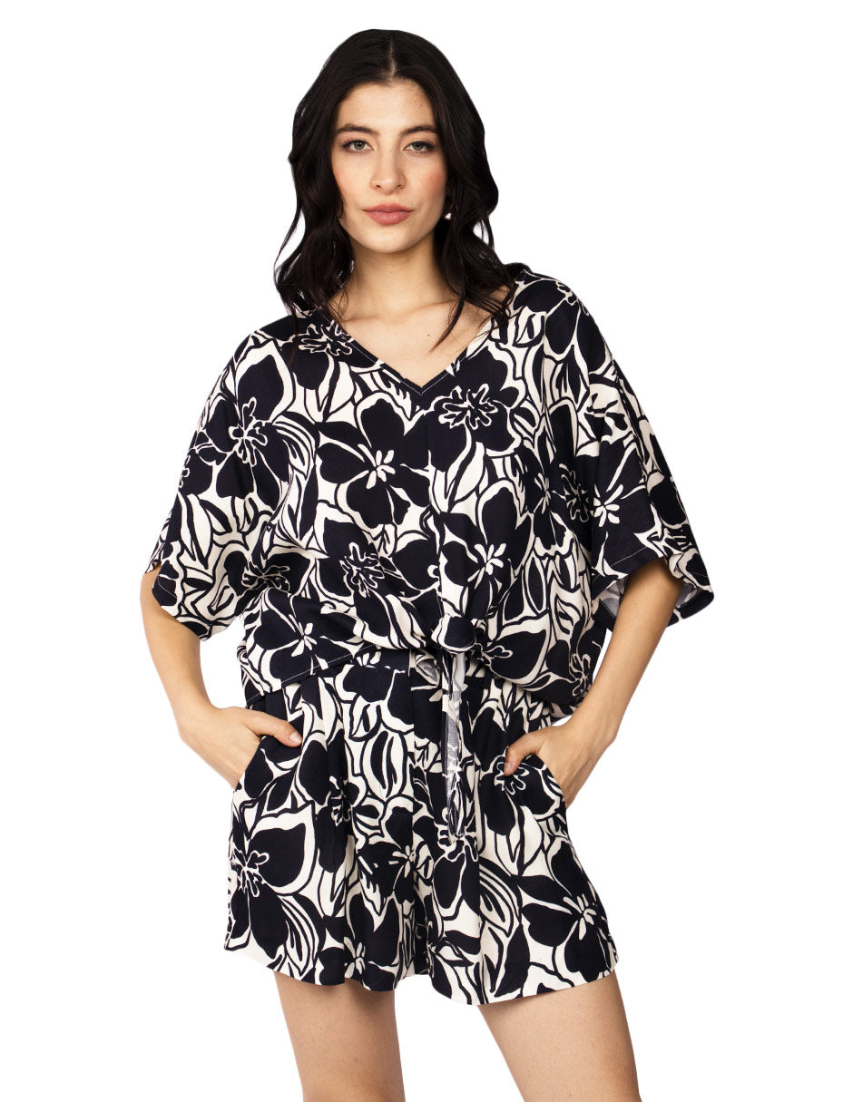 Blusas Para Mujer Estampada Con Nudo N51120 Negro