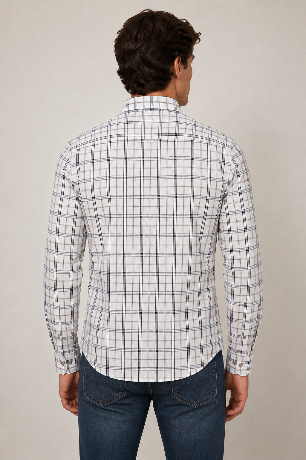 Camisas Para Hombre Manga Larga Cuadros Multicolor B61106 Blanco