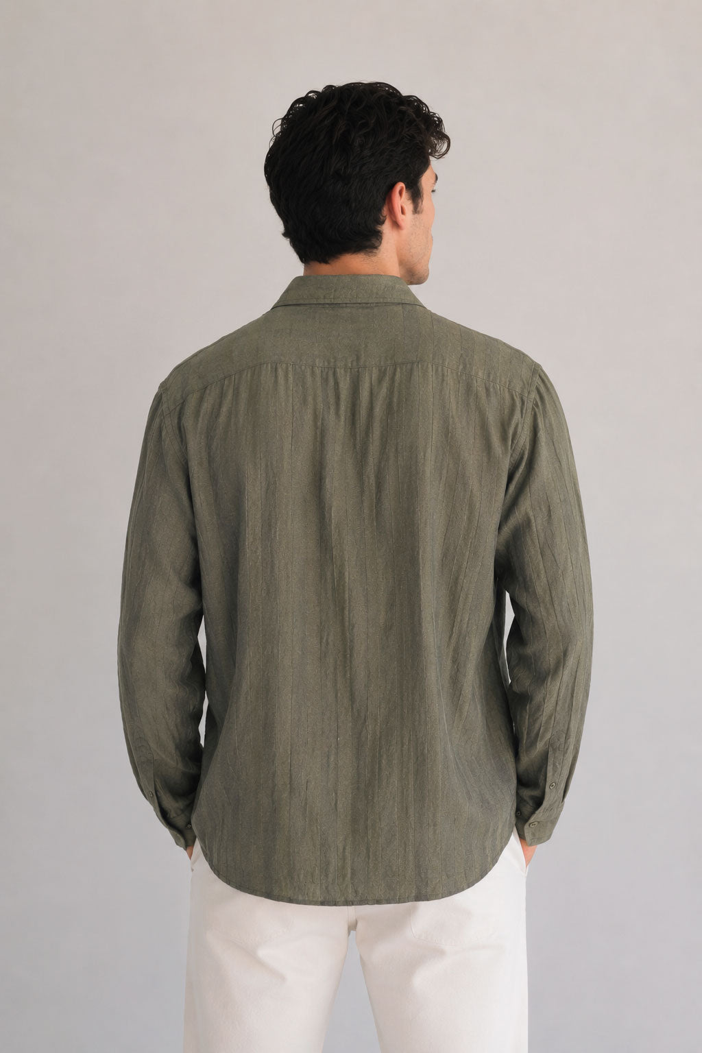 Camisas Para Hombre Manga Larga Tencel Con Lino Non Iron B55409 Olivo