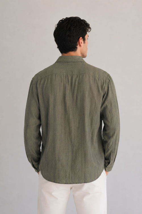 Camisas Para Hombre Manga Larga Tencel Con Lino Non Iron B55409 Olivo