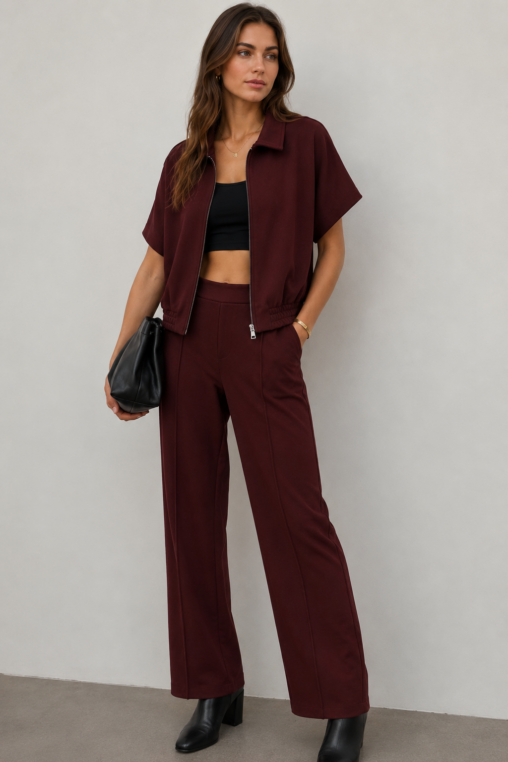 Pantalones Para Mujer De Pierna Recta Con Pretina Doblada Y Pespunte W63123 Vino