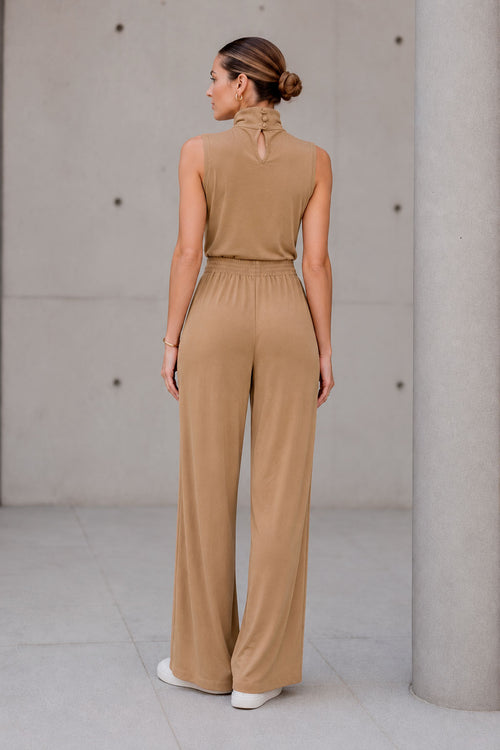 Pantalones Para Mujer De Pierna Ancha Con Cintura Elástica W63113 Beige