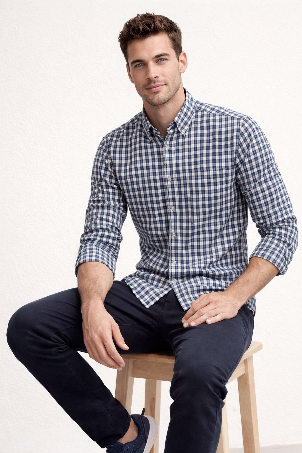Camisas Para Hombre Manga Larga Cuadros B61102 Beige