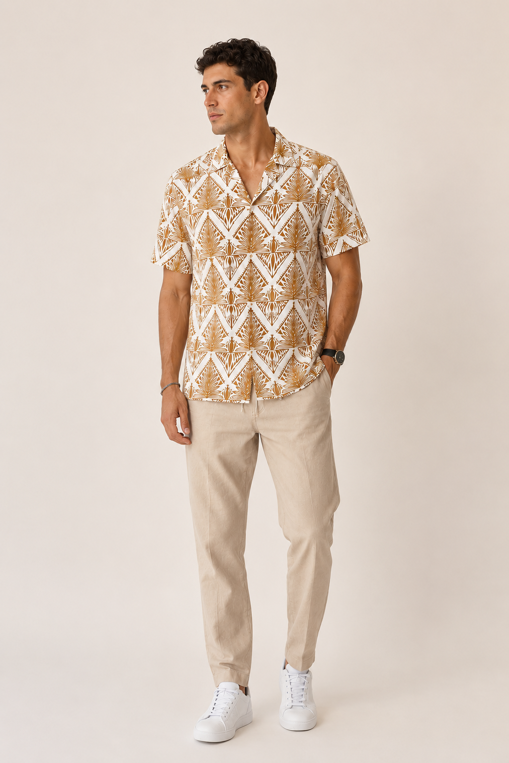 Camisas Para Hombre Manga Corta Estampado Tropical B51564 Ocre