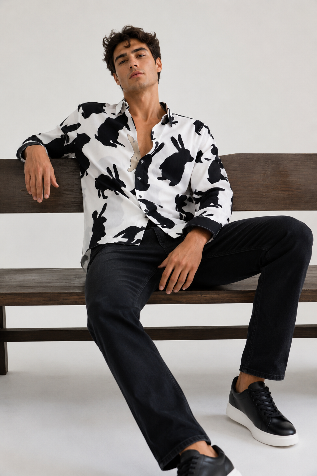 Camisas Para Hombre Estampado Artística B55505 Blanco