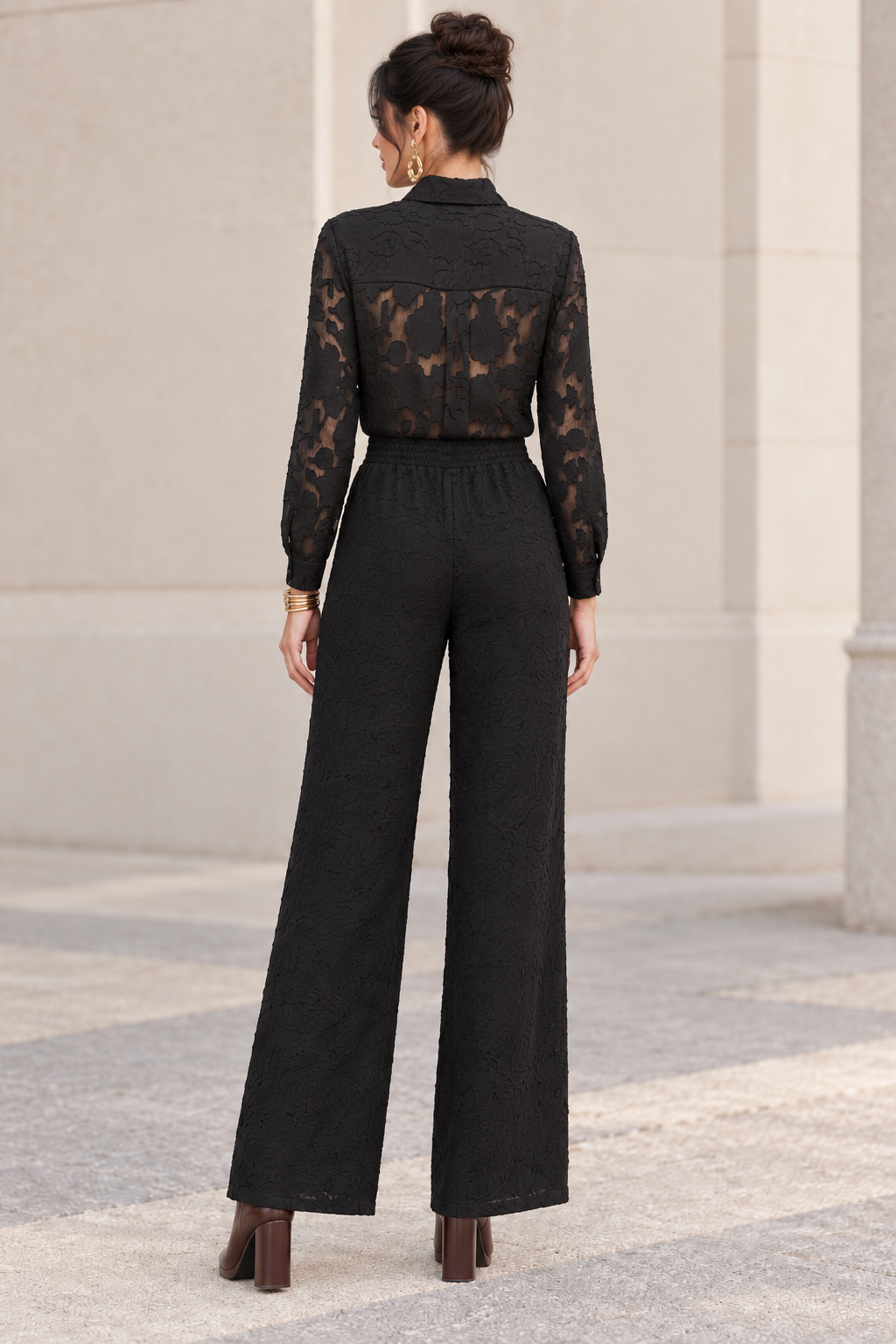 Pantalones Para Mujer Jacquard Floral Pierna Ancha Con Resorte W63117 Negro