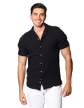 Camisas Para Hombre Bobois Moda Casuales Corrugada De Manga Corta De Cuello Abierto Relaxed Fit B41377 Negro