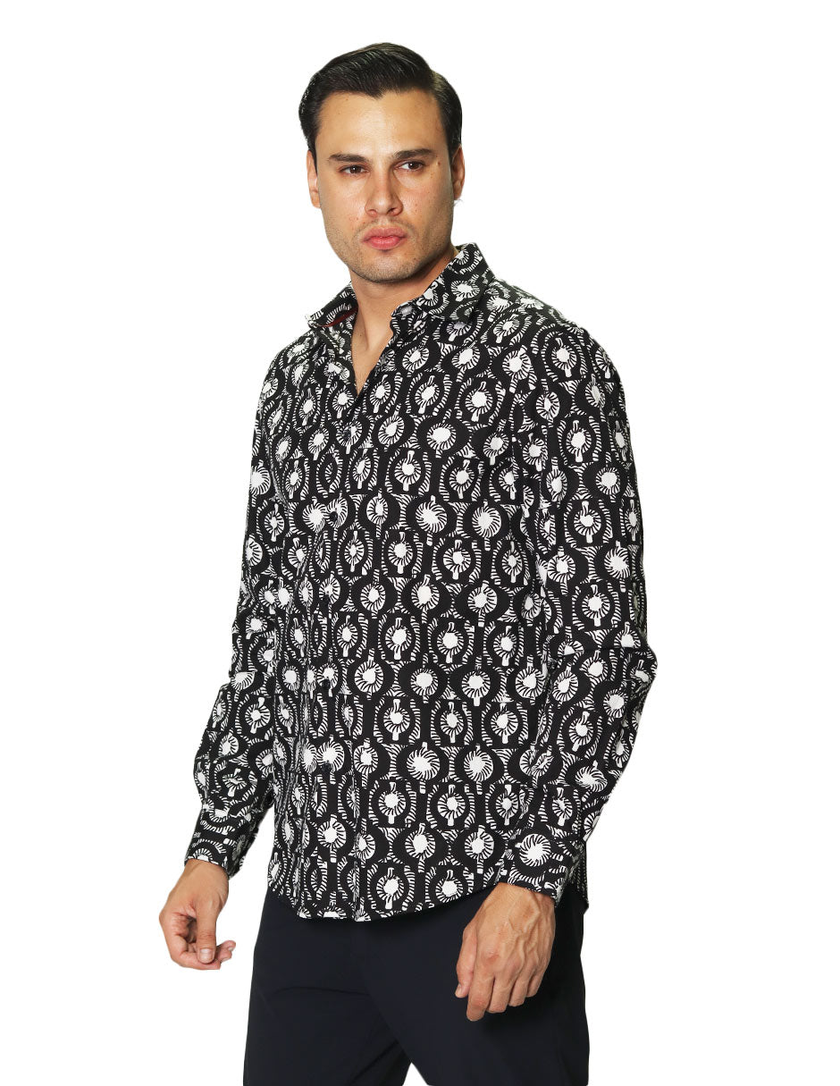 Camisas Para Hombre Manga Larga Estampado Abstracto B45518 Negro