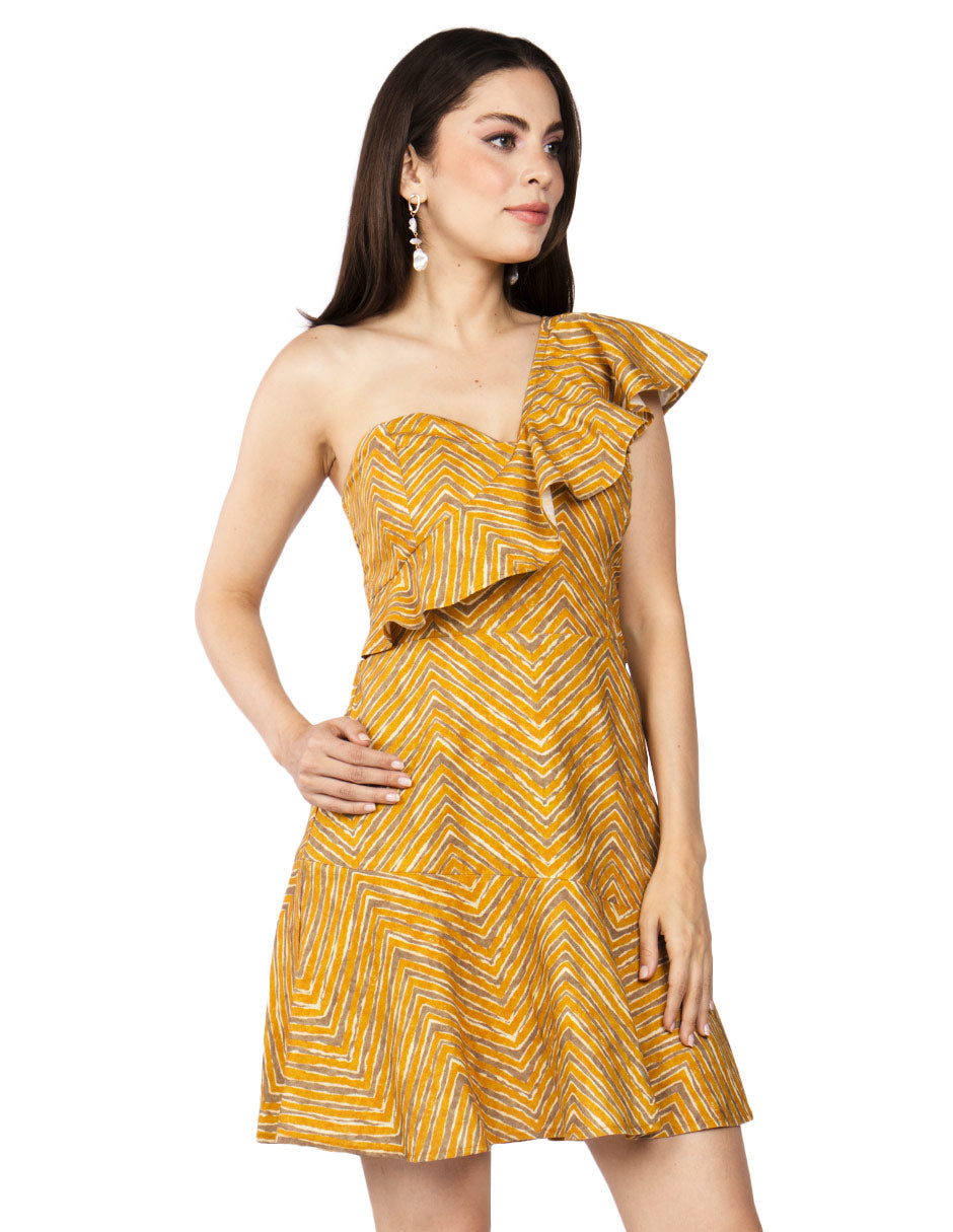 Vestidos Para Mujer Corto Asimetrico S51139 Mostaza/Beige