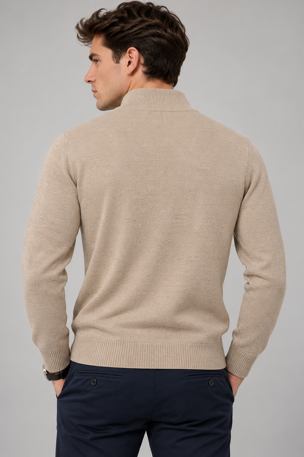 Suéteres Para Hombre Básico Con Cierre De Punto Fino E65304 Beige
