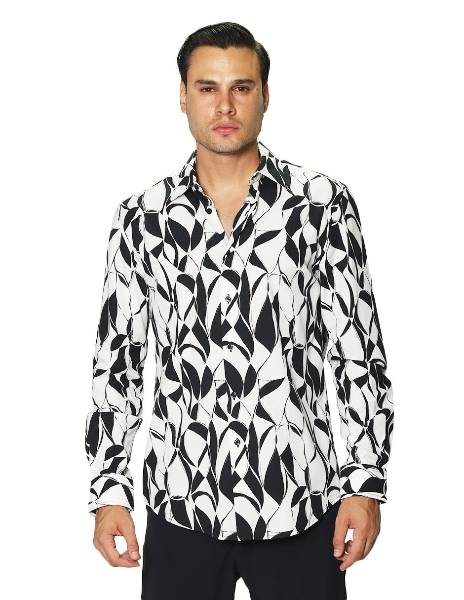 Camisas Para Hombre Manga Larga Estampado Abstracto B45517 Blanco