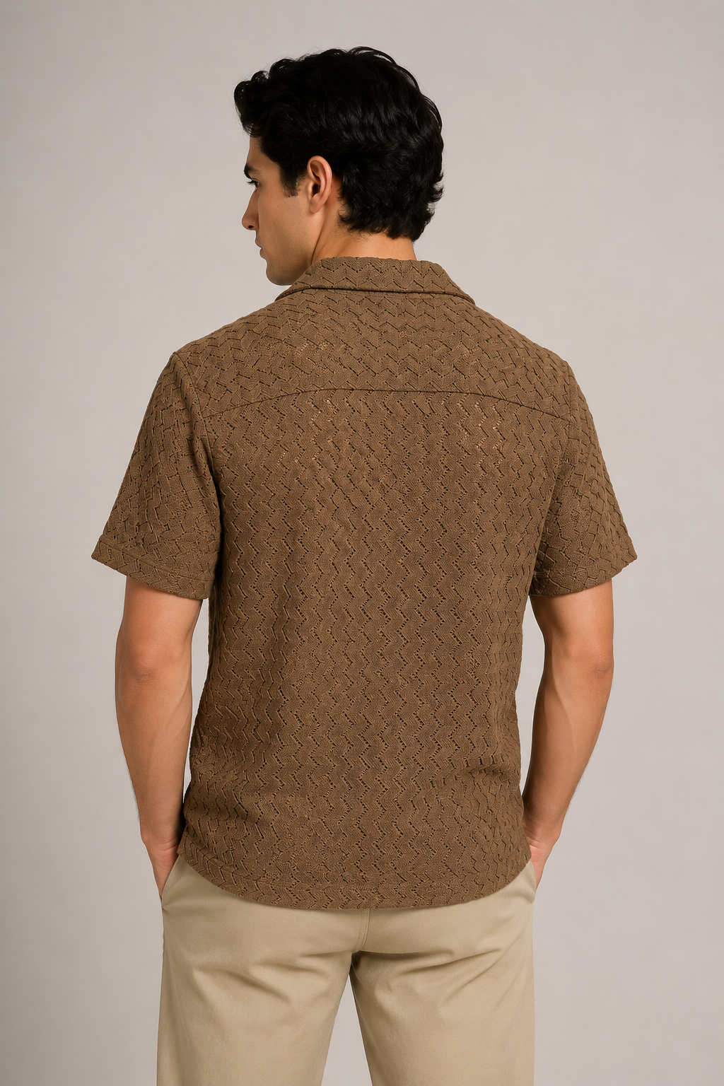 Camisas Para Hombre Manga Corta Crochet Textura Zizag B65456 Café