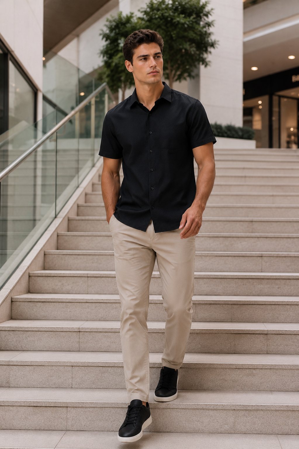 Camisas Para Hombre Manga Corta Jacquard  B61351 Negro