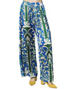 Pantalones Para Mujer Bobois Moda Casuales Satinado De Pierna Ancha Wide Leg De Tiro Alto Con Estampado Floral W41108 Azul/Verde