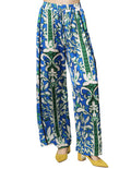 Pantalones Para Mujer Satinado De Pierna Ancha Wide Leg De Tiro Alto Con Estampado Floral W41108 Azul/Verde