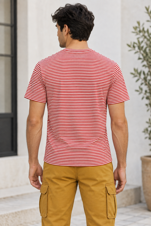Playeras Para Hombre De Manga Corta Con Estampado De Micro Rayas A41111 Rojo