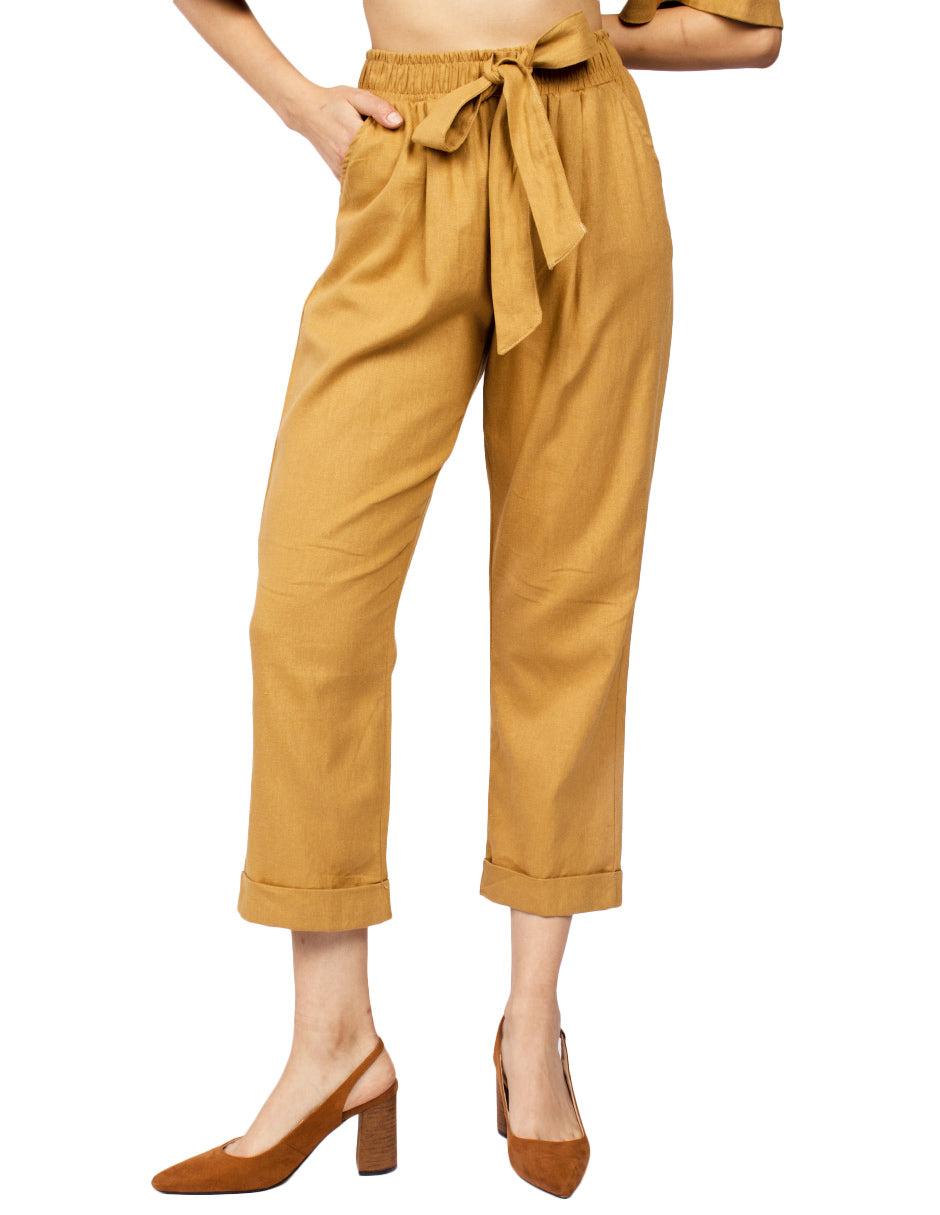 Pantalones Para Mujer Tipo Lino Con Cinta W51102 Camel