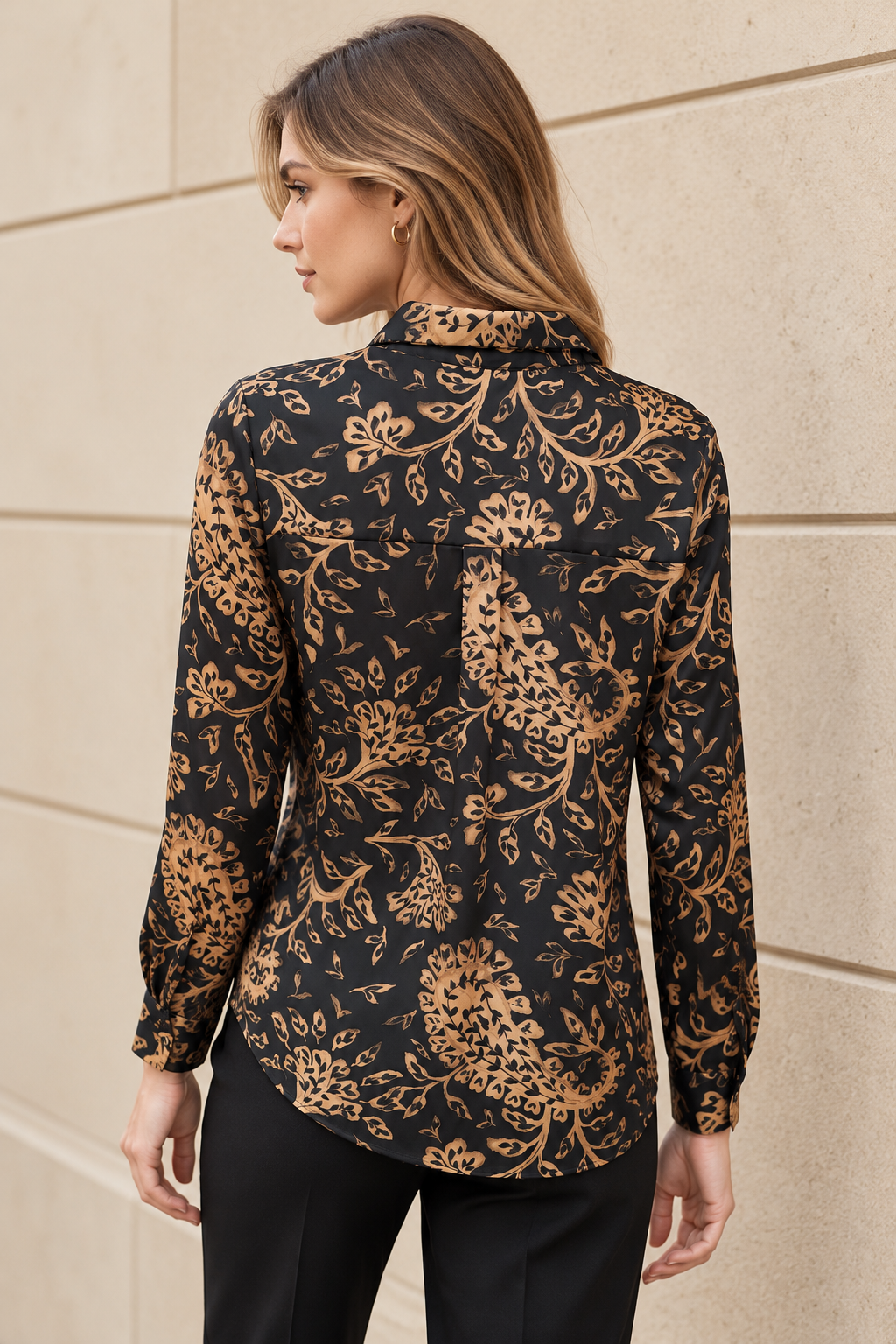 Blusas Para Mujer Satinada Camisera Estampado Paisley N43140 Negro