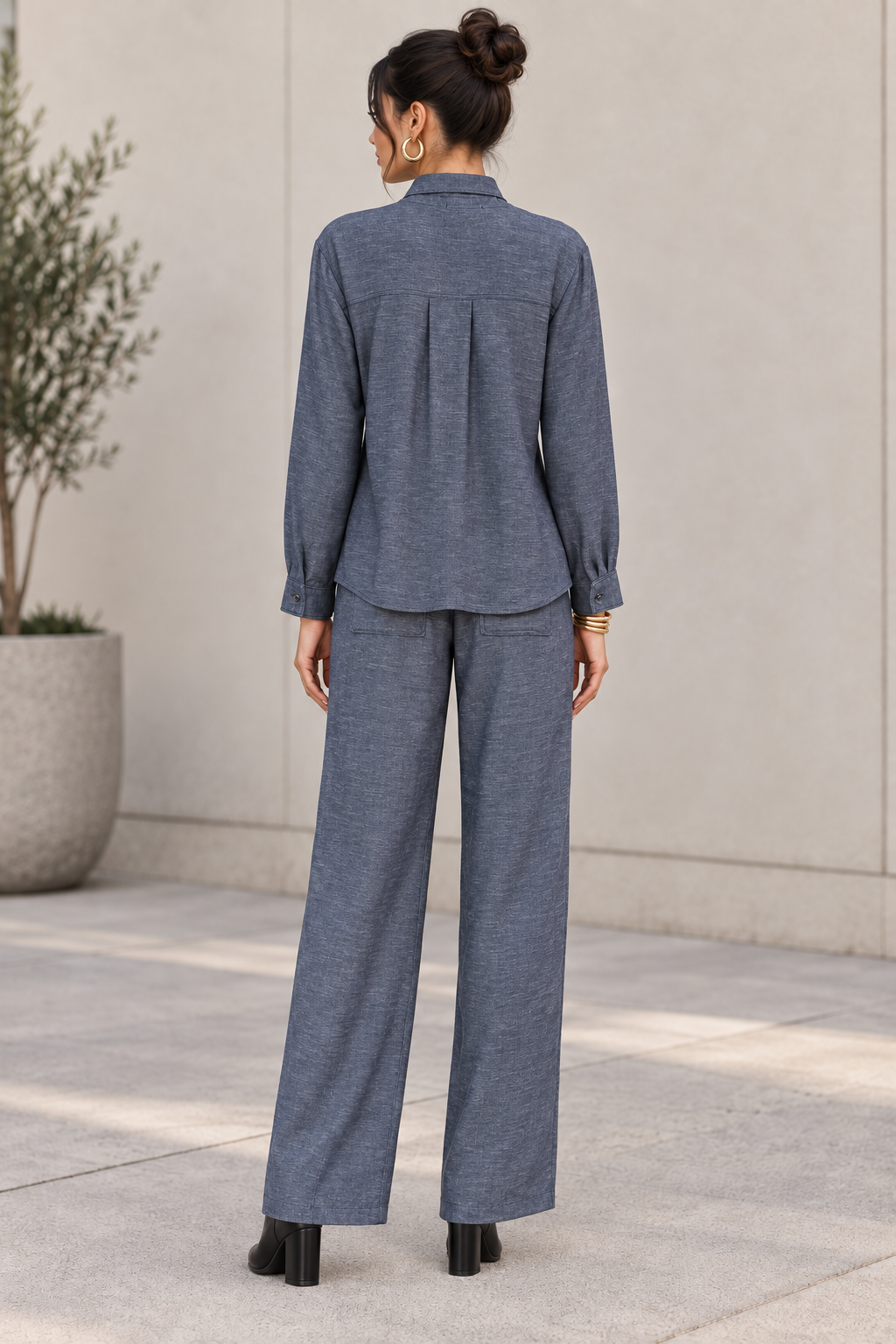 Pantalones Para Mujer De Pierna Recta Con Pespunte Cintura Ajustable W63116 Denim