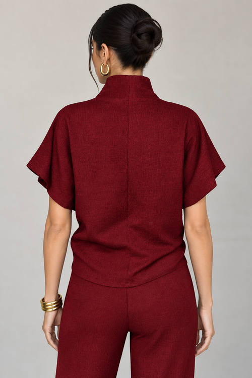 Blusas Para Mujer De Tejido Texturizado Con Cuello Alto Tipo Murciélago N63125 Vino