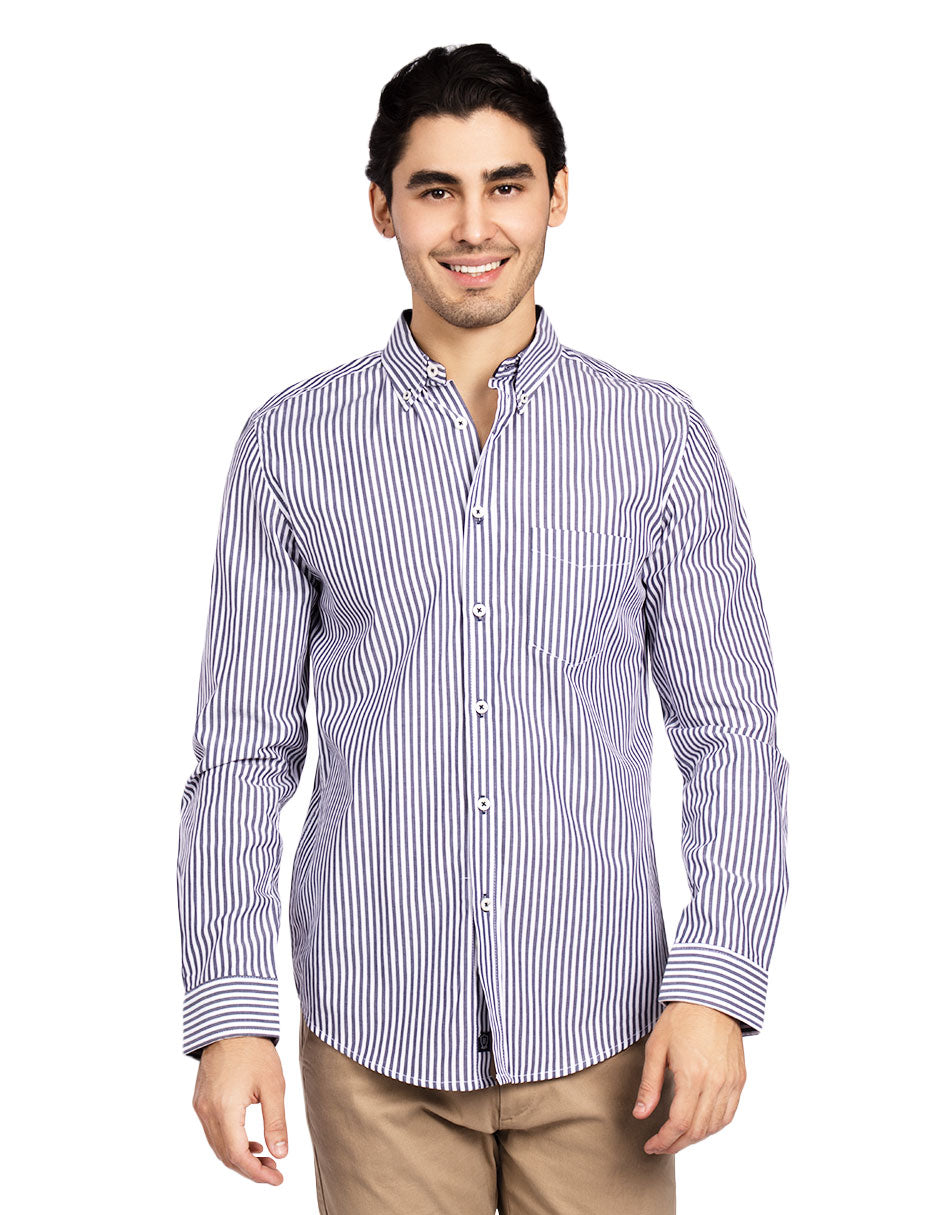 Camisas Para Hombre Manga Larga Rayas B45211 Marino