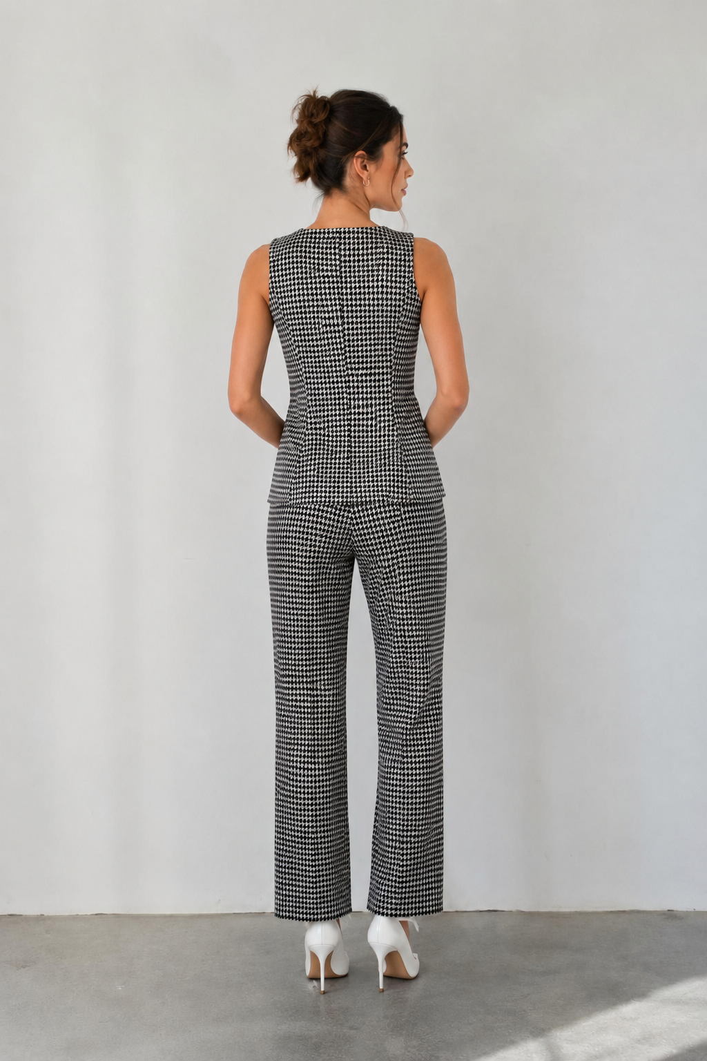 Pantalones Para Mujer Recto Pata De Gallo Con Pespunte W53111 Blanco